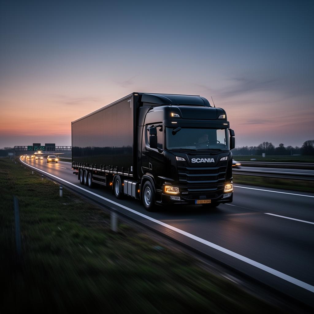 Vrachtwagen op de snelweg bij schemering