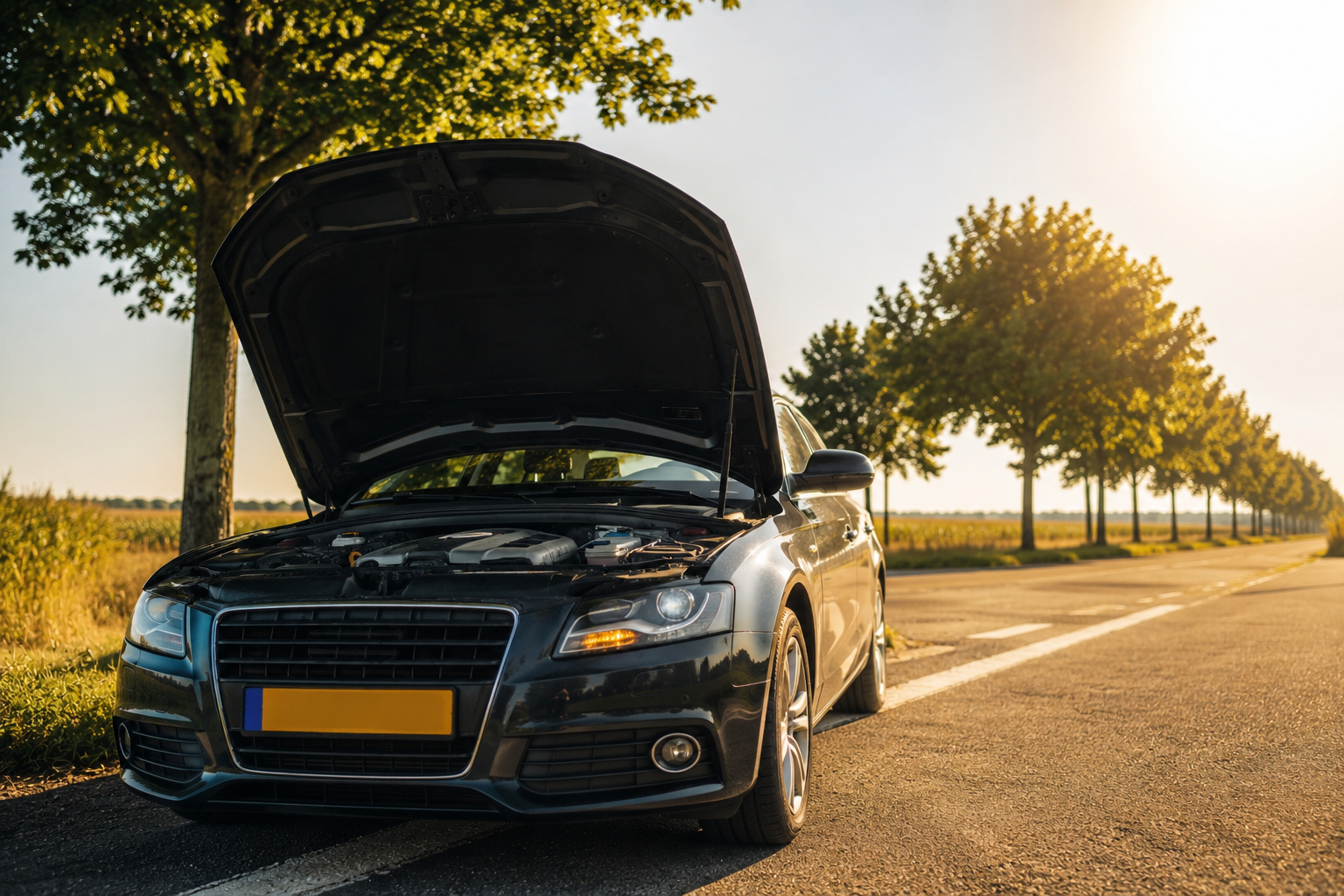 Auto met geopende motorkap bij zonsondergang