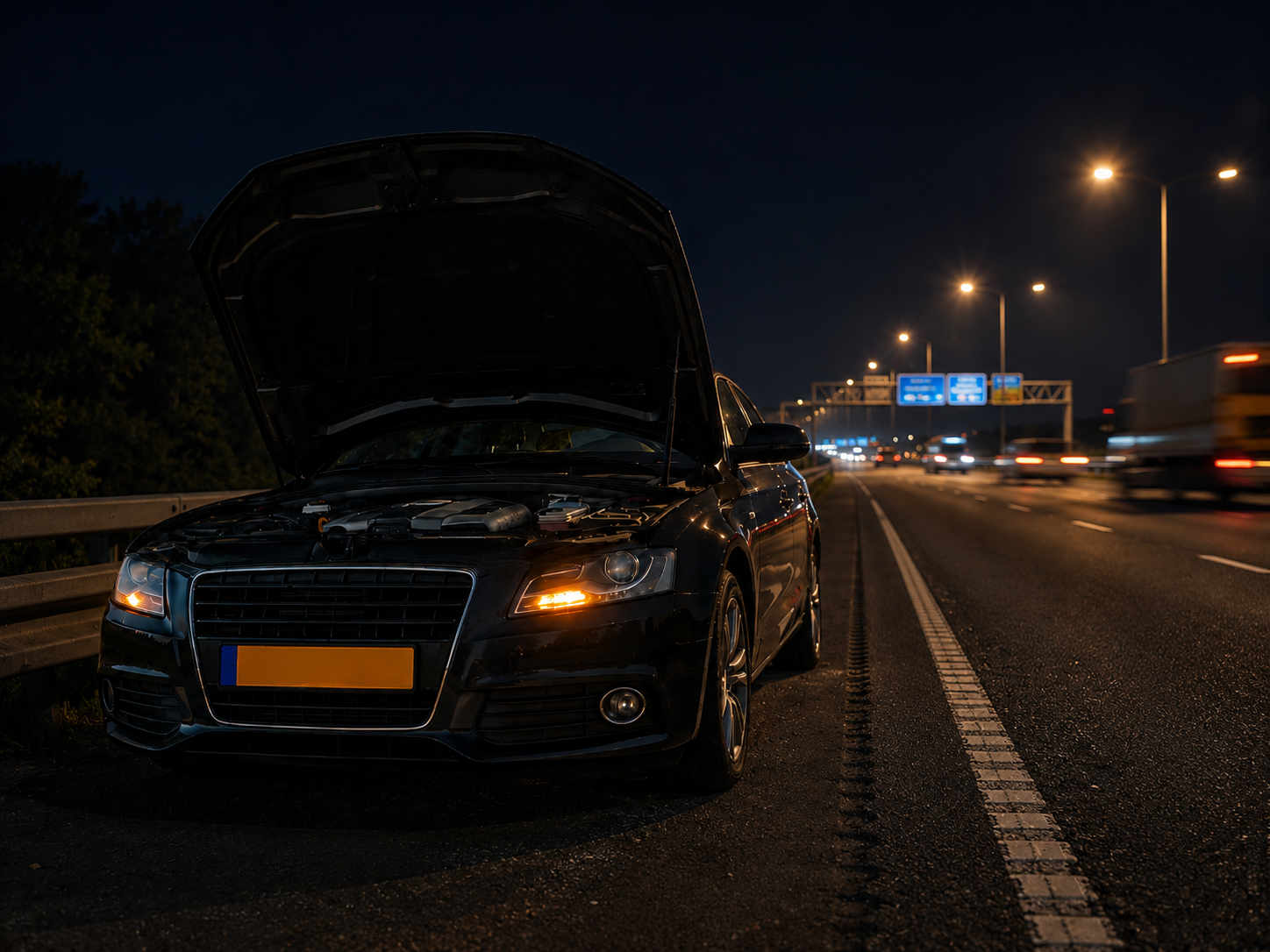 Auto met pech langs de snelweg bij nacht