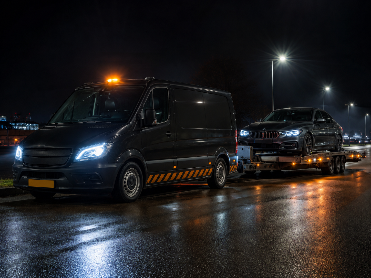 Premium pechhulp — voertuig op transport in de nacht