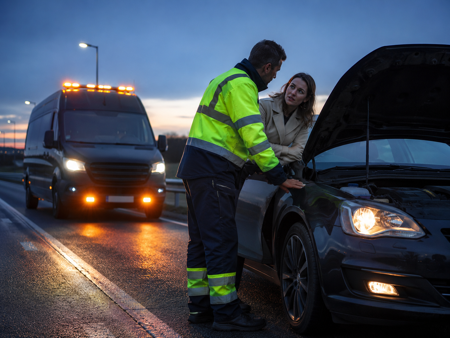 Pechhulp langs de weg bij schemering